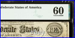 PMG UNC 60 T-26 $10 1861 Confederate States Civil War Obsolete Banknote Currency