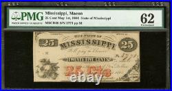 PMG UNC 62. MISSISSIPPI Macon 1864, 25c Confederate Civil War Banknote Currency