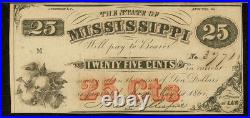PMG UNC 62. MISSISSIPPI Macon 1864, 25c Confederate Civil War Banknote Currency