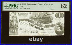 PMG UNC 62. T-44 $1 1862 Confederate States Banknote Civil War Confederacy Money