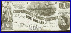 PMG UNC 62. T-44 $1 1862 Confederate States Banknote Civil War Confederacy Money