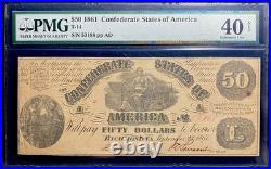 PMG XF40. T-14 1861 Confederate States $50 Civil War Obsolete Banknote Currency
