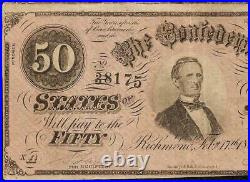 Poem On 1864 $50 Dollar Bill Confederate States Currency CIVIL War Note Money Vf