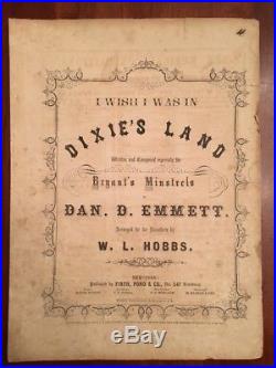 RARE 1860 DIXIE'S LAND 1st Ed. Sheet Music, Civil War Confederate Anthem, Emmett