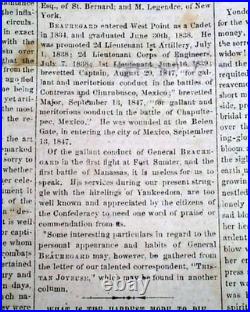 RARE Illustrated CONFEDERATE Civil War General P. G. T. Beauregard 1862 Original