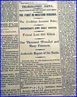 Rare 1861 Civil War CONFEDERATE New Orleans / Battle of Carnifex Ferry Newspaper