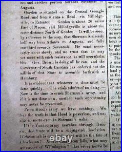 Rare 1864 CONFEDERATE Newspaper with William T. Sherman's Georgia March to Sea