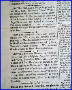 Rare CONFEDERATE Columbus Georgia GA Stonewall Jackson 1862 Civil War Newspaper