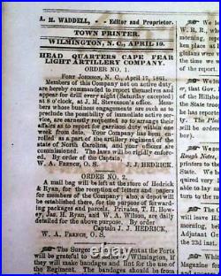 Rare CONFEDERATE Wilmington NC North Carolina CIVIL WAR Start 1861 Old Newspaper