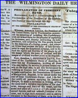 Rare CONFEDERATE Wilmington NC North Carolina CIVIL WAR Start 1861 Old Newspaper