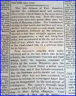 Rare Confederate Capital Fall of Fort Donelson Tennessee1862 Civil War Newspaper