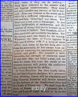 Rare Confederate Capital Fall of Fort Donelson Tennessee1862 Civil War Newspaper