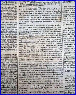 Rare Confederate Capital Fall of Fort Donelson Tennessee1862 Civil War Newspaper