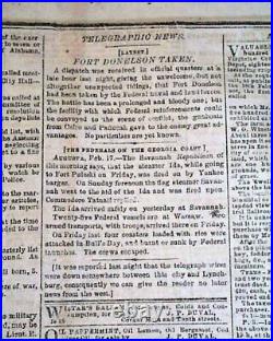 Rare Confederate Capital Fall of Fort Donelson Tennessee1862 Civil War Newspaper