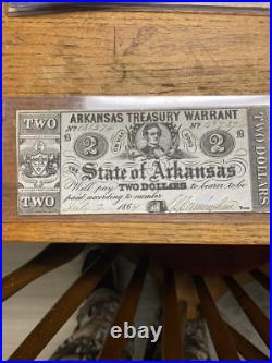 Rare Confederate Civil War Currency 1864 $2 Arkansas Treasury Warrant Seal