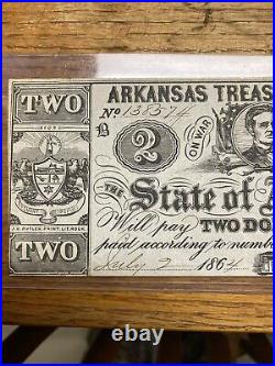 Rare Confederate Civil War Currency 1864 $2 Arkansas Treasury Warrant Seal