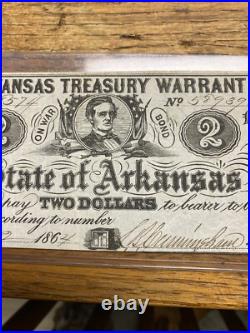 Rare Confederate Civil War Currency 1864 $2 Arkansas Treasury Warrant Seal