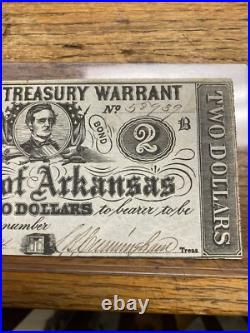 Rare Confederate Civil War Currency 1864 $2 Arkansas Treasury Warrant Seal