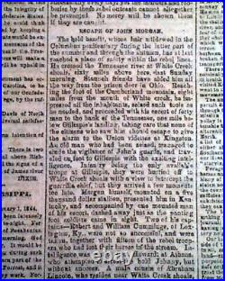 Rare Confederate Guerrilla John Hunt Morgan Escapes 1864 Civil War Newspaper