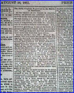 Rare FIRST BATTLE OF BULL RUN Manassas VA Civil War CONFEDERATE 1861 Newspaper