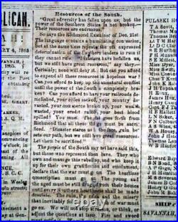 Rare Savannah Yankee Occupation Post Confederate Fall 1865 Civil War Newspaper
