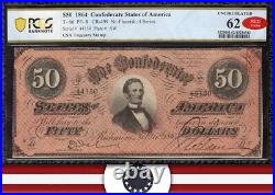 Red T-66 1864 $50 Confederate Currency Pcgs 62 CIVIL War Bill 44150