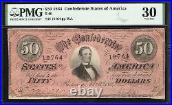 Red T-66 1864 $50 Confederate Currency Pmg 30 CIVIL War Bill 19764