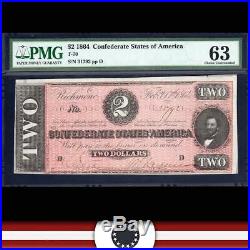Red T-70 1864 $2 Confederate Currency Pmg 63 CIVIL War Note 31792
