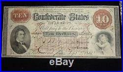 September 1861 $10 Confederate States Paper Money Civil War CSA Note T-24 XF