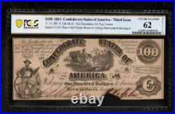 T-13 $100 1861 Confederate States Currency Civil War Banknote, PCGS 62 (AA1)