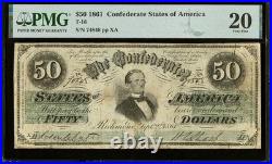 T-16 $50 1861 Confederate States Civil War Obsolete Banknote Currency, PMG VF20