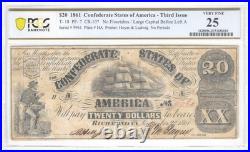 T-18 1861 $20 Confederate States Of America Note Pf-7 Cr-107 Pcgs Vf25 CIVIL War