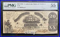 T-18 $20 1861 Confederate States Banknote Civil War Confederacy Money, PMG AU 55