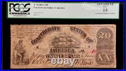 T-18 $20 1861 Confederate States Civil War Obsolete Banknote Currency, PCGS F15