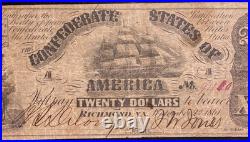 T-18 $20 1861 Confederate States Civil War Obsolete Banknote Currency, PCGS F15