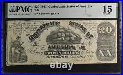 T-18 $20 1861 Confederate States Currency Banknote Civil War Money, PMG Ch F 15