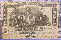 T-20 $20 1861 Confederate States Banknote Civil War Confederacy Money, PMG VF 20