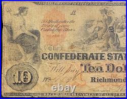T-22 $10 1861 Confederate States Banknote Civil War Confederacy Money PCGS RARE