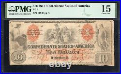 T-22 $10 Confederate Currency Indian Family CIVIL War Bill Pmg 15 11989