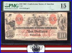 T-22 1861 $10 Confederate Currency Indian Family Pmg 15 CIVIL War Bill 14126