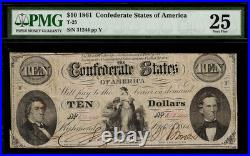 T-25 $10 1861 Confederate Currency CSA Civil War Graded PMG 25