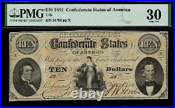 T-25 $10 1861 Confederate Currency CSA Civil War Graded PMG 30