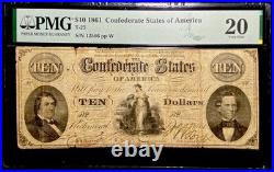 T-25 $10 1861 Confederate States Civil War Obsolete Banknote Currency, PMG VF20