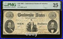 T-25 $10 1861 Confederate States Civil War Obsolete Banknote Currency, PMG VF25