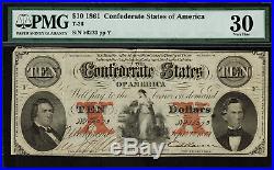 T-26 $10 1861 Confederate Currency CSA Civil War Graded PMG 30 Very Fine
