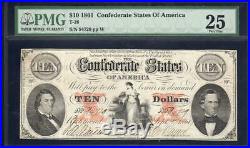 T-26 1861 $10 Confederate Currency Pmg 25 CIVIL War Money 94729