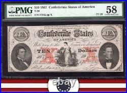 T-26 1861 $10 Confederate Currency Pmg 58 CIVIL War Ten Dollar Bill 97042