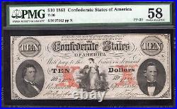 T-26 1861 $10 Confederate Currency Pmg 58 CIVIL War Ten Dollar Bill 97042