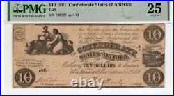 T-28 $10 1861 Confederate States Banknote Civil War Confederacy Money, PMG VF 25