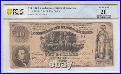 T-30 $10 1861 Confederate States Civil War Obsolete Banknote Currency, PCGS VF20